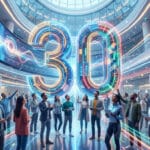 People celebrate around a glowing, futuristic '30' in a modern atrium. Vibrant digital lights and confetti symbolize joy and innovation.