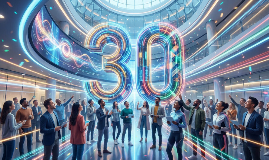 People celebrate around a glowing, futuristic '30' in a modern atrium. Vibrant digital lights and confetti symbolize joy and innovation.