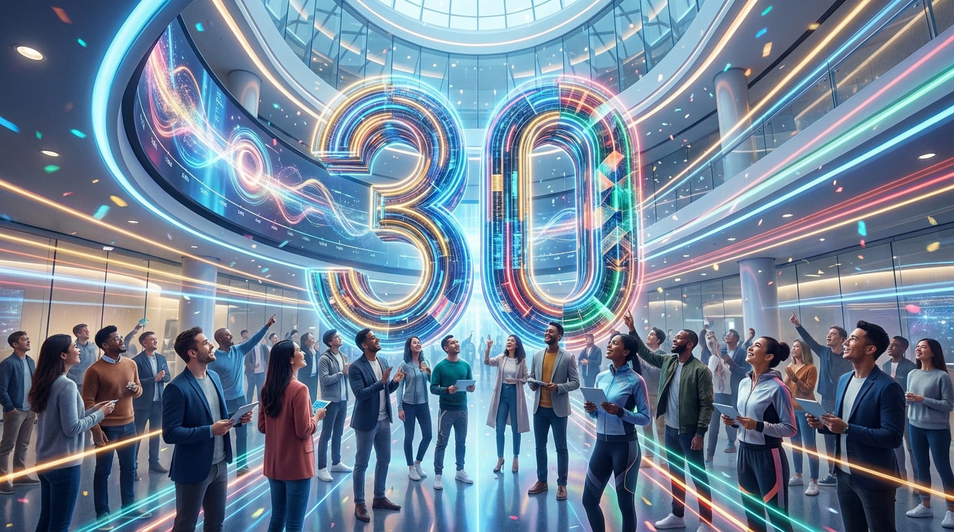 People celebrate around a glowing, futuristic '30' in a modern atrium. Vibrant digital lights and confetti symbolize joy and innovation.