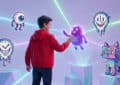 A boy in a red jacket interacts with a glowing purple creature in a vibrant virtual world filled with pixelated meme characters and neon lights.