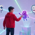A boy in a red jacket interacts with a glowing purple creature in a vibrant virtual world filled with pixelated meme characters and neon lights.