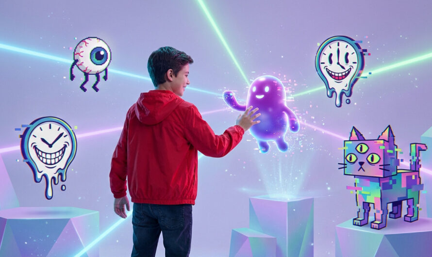 A boy in a red jacket interacts with a glowing purple creature in a vibrant virtual world filled with pixelated meme characters and neon lights.