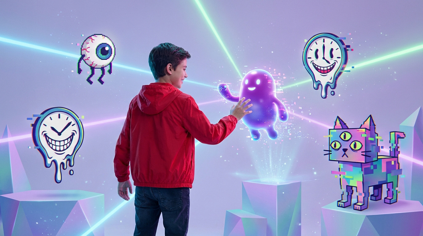A boy in a red jacket interacts with a glowing purple creature in a vibrant virtual world filled with pixelated meme characters and neon lights.