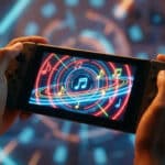 Hands hold a Nintendo Switch. Screen shows a vibrant music game with glowing notes and rhythmic patterns in electric colors. Digital background.