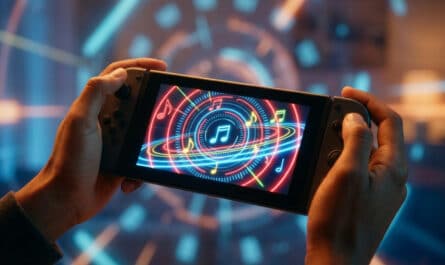 Hands hold a Nintendo Switch. Screen shows a vibrant music game with glowing notes and rhythmic patterns in electric colors. Digital background.