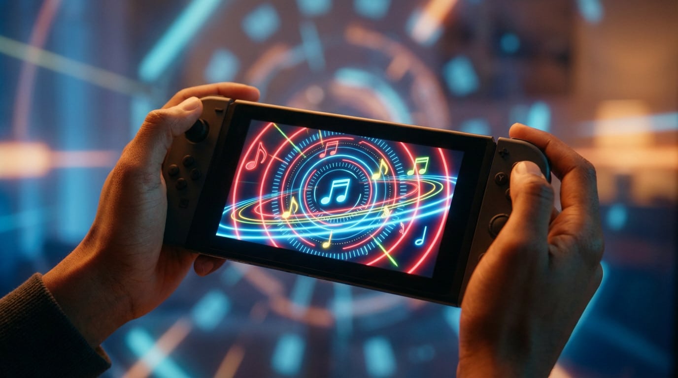 Hands hold a Nintendo Switch. Screen shows a vibrant music game with glowing notes and rhythmic patterns in electric colors. Digital background.