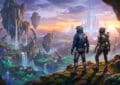 Two futuristic explorers overlook a vast alien landscape with floating islands, glowing crystals, and a shimmering city under a dramatic sunset.
