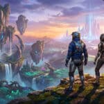 Two futuristic explorers overlook a vast alien landscape with floating islands, glowing crystals, and a shimmering city under a dramatic sunset.