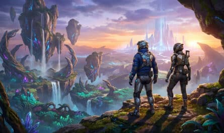 Two futuristic explorers overlook a vast alien landscape with floating islands, glowing crystals, and a shimmering city under a dramatic sunset.