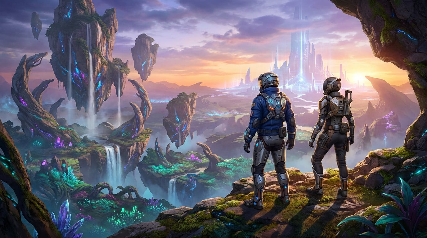 Two futuristic explorers overlook a vast alien landscape with floating islands, glowing crystals, and a shimmering city under a dramatic sunset.
