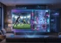Holographic screen in modern living room showing a dynamic sports game and neon cityscape, with trend data and UI elements.