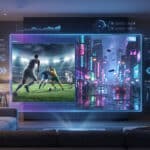 Holographic screen in modern living room showing a dynamic sports game and neon cityscape, with trend data and UI elements.