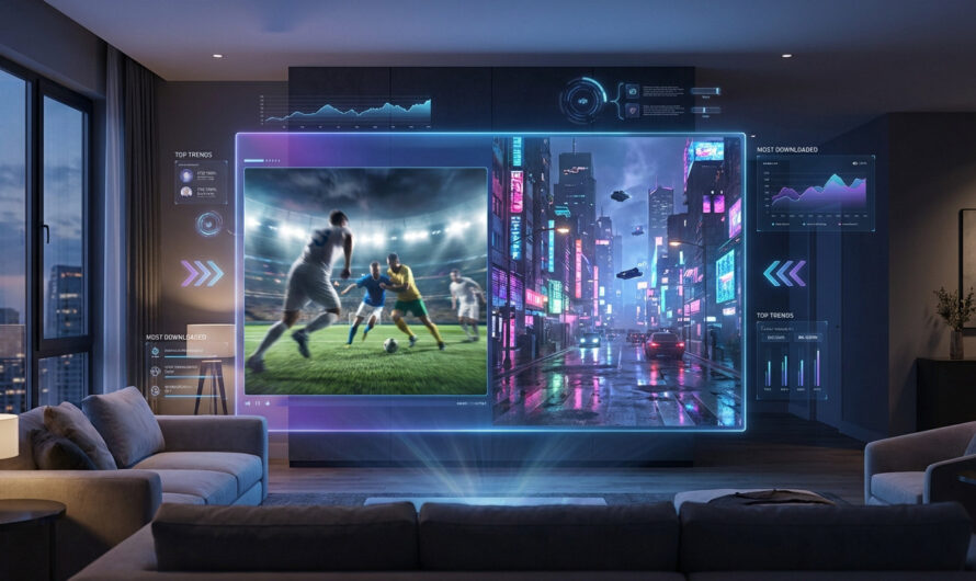 Holographic screen in modern living room showing a dynamic sports game and neon cityscape, with trend data and UI elements.
