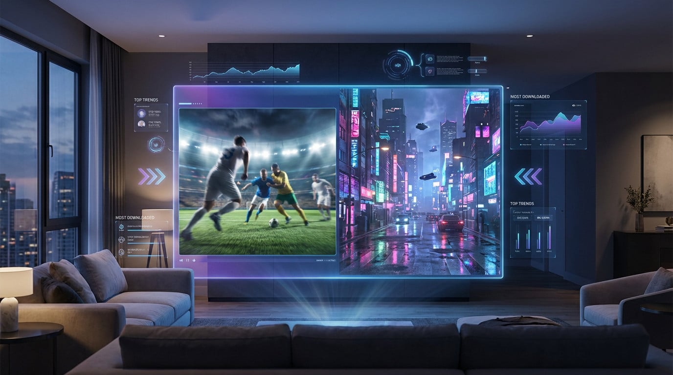 Holographic screen in modern living room showing a dynamic sports game and neon cityscape, with trend data and UI elements.