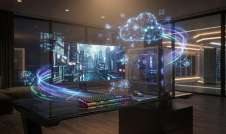 High-end gaming PC transforming into a vibrant cloud network with glowing data streams, set in a futuristic environment.