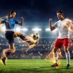 Dynamic male and female footballers on a lit stadium pitch at night, with vibrant gold and orange energy effects around them.