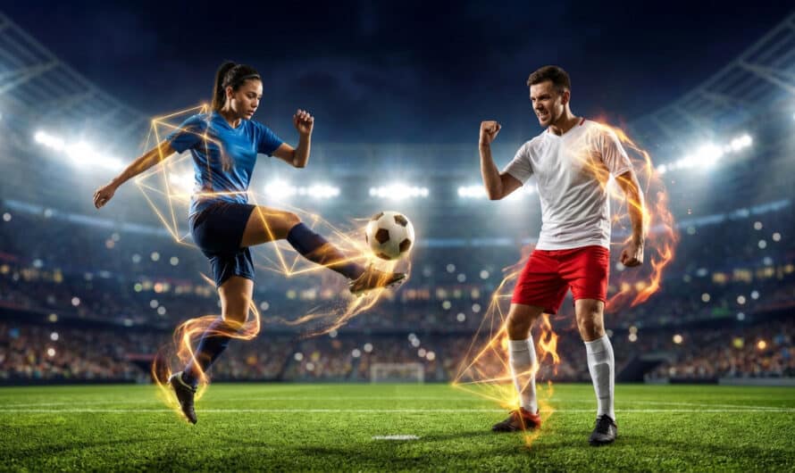 Dynamic male and female footballers on a lit stadium pitch at night, with vibrant gold and orange energy effects around them.