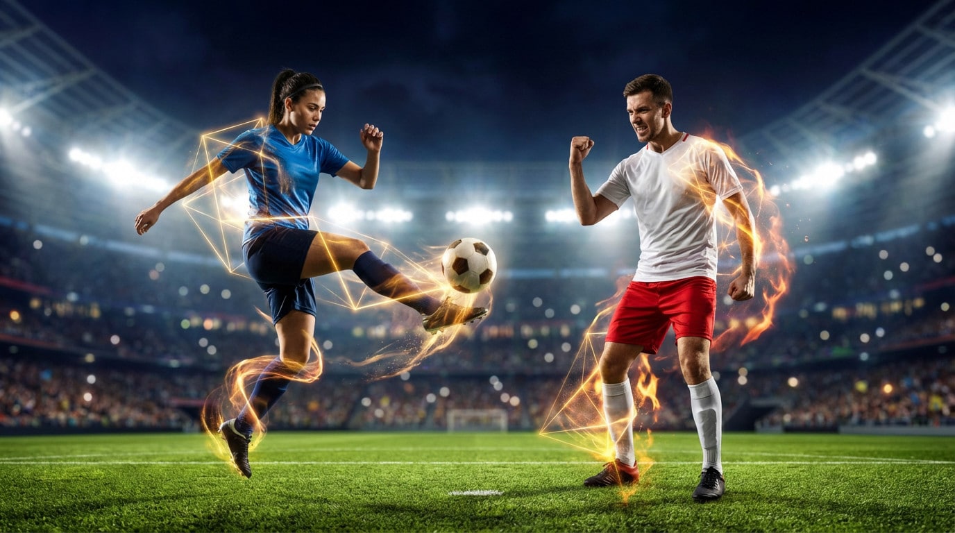 Dynamic male and female footballers on a lit stadium pitch at night, with vibrant gold and orange energy effects around them.