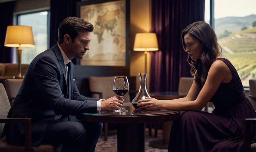 Elegant man and woman in deep thought at a table with red wine, world map and vineyard hills visible in the background.
