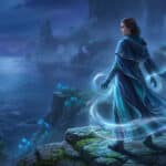 A woman in flowing blue robes with shimmering aqua elemental energy stands on a cliff overlooking a mystical glowing blue sea.