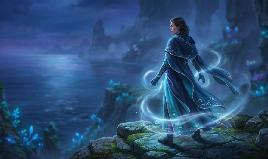 A woman in flowing blue robes with shimmering aqua elemental energy stands on a cliff overlooking a mystical glowing blue sea.