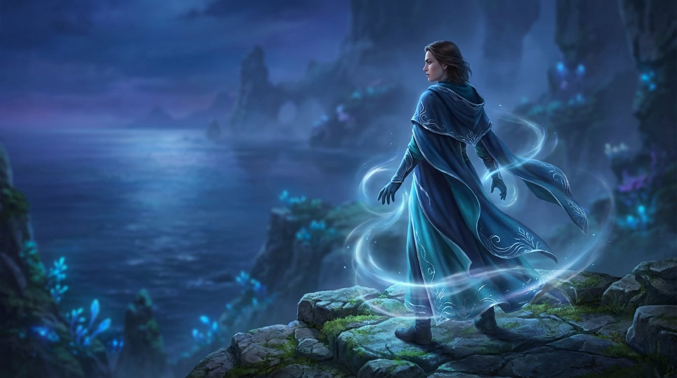 A woman in flowing blue robes with shimmering aqua elemental energy stands on a cliff overlooking a mystical glowing blue sea.