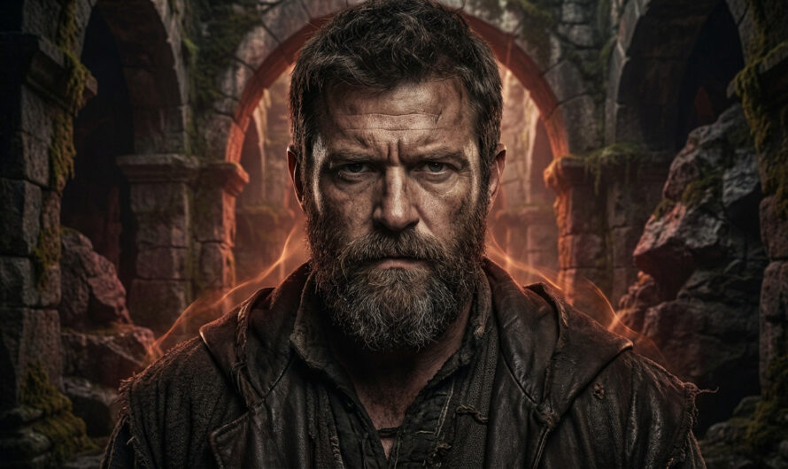 Photorealistic portrait of a rugged man with an intense expression, weathered beard, against ancient arches with an ethereal orange glow.