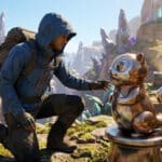 An adventurer kneels, hand outstretched to a metallic squirrel statue in a vibrant fantasy landscape with glowing flora and a reward star.