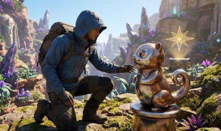An adventurer kneels, hand outstretched to a metallic squirrel statue in a vibrant fantasy landscape with glowing flora and a reward star.