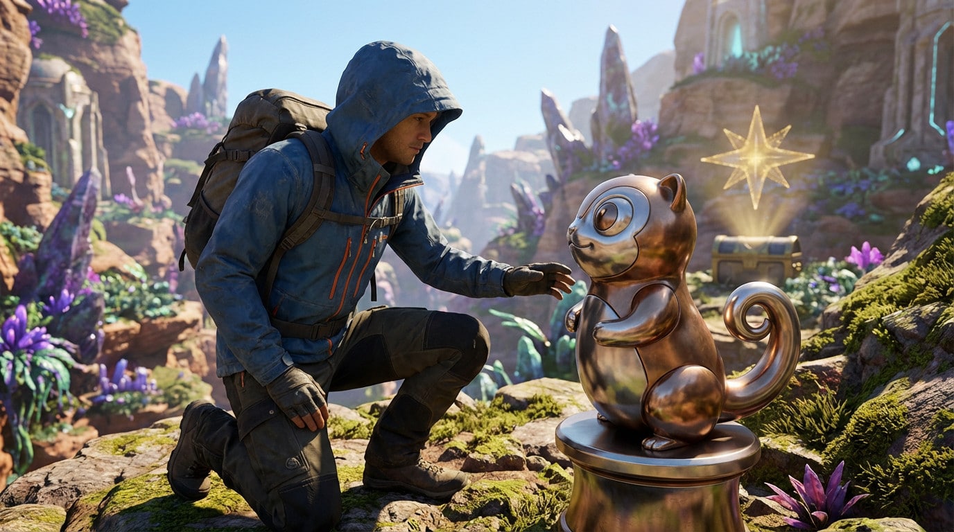 An adventurer kneels, hand outstretched to a metallic squirrel statue in a vibrant fantasy landscape with glowing flora and a reward star.