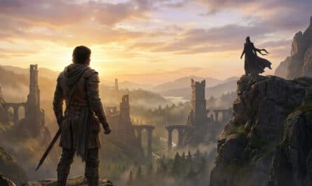 Epic fantasy dawn with a hero in brown leather facing a silhouetted antagonist on a distant peak amidst ancient, misty ruins.