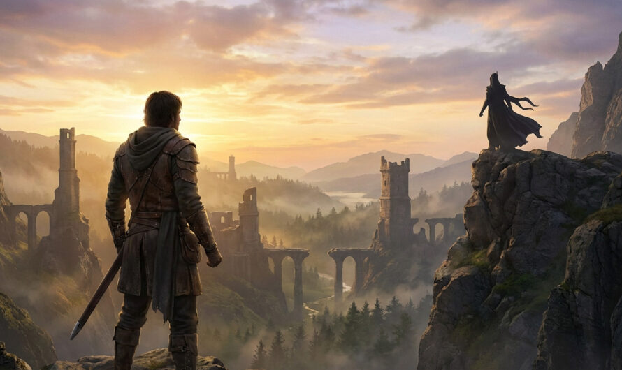 Epic fantasy dawn with a hero in brown leather facing a silhouetted antagonist on a distant peak amidst ancient, misty ruins.