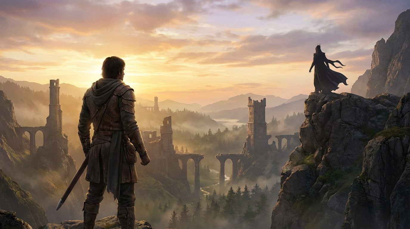 Epic fantasy dawn with a hero in brown leather facing a silhouetted antagonist on a distant peak amidst ancient, misty ruins.