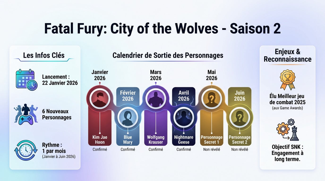Infographie détaillée des personnages et dates de sortie de la Saison 2 de Fatal Fury City of the Wolves