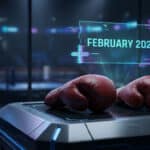 Photo-realistic image of worn red boxing gloves on a dark console. A glitchy cyan hologram reads 'FEBRUARY 2026'. Blurred boxing arena in background.