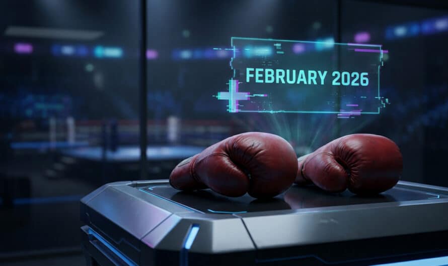 Photo-realistic image of worn red boxing gloves on a dark console. A glitchy cyan hologram reads 'FEBRUARY 2026'. Blurred boxing arena in background.