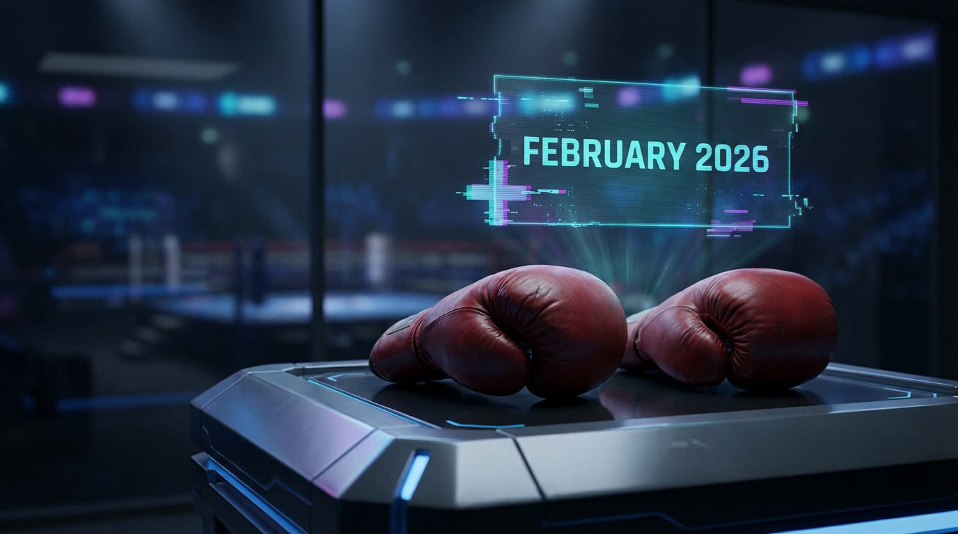 Photo-realistic image of worn red boxing gloves on a dark console. A glitchy cyan hologram reads 'FEBRUARY 2026'. Blurred boxing arena in background.