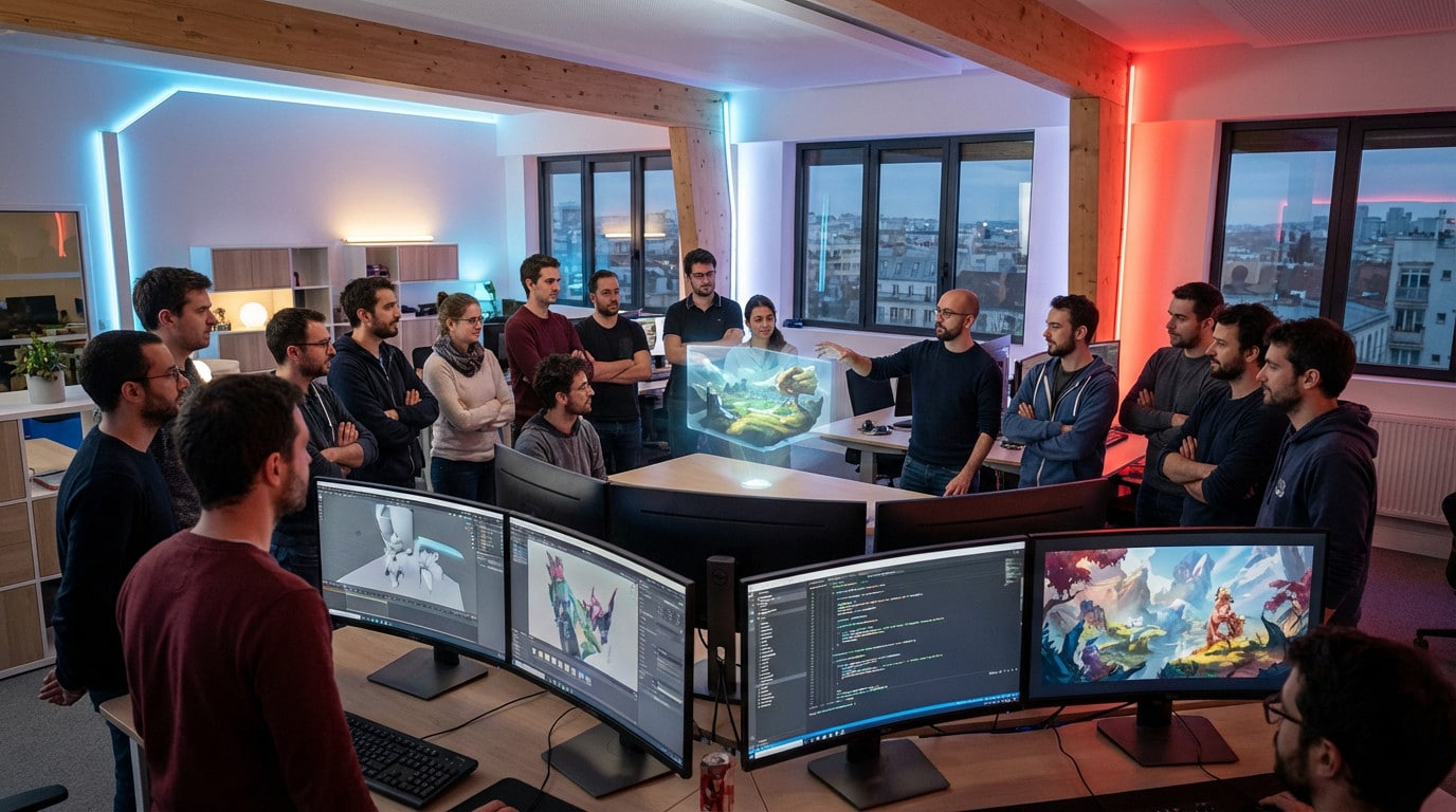 Diverse French game developers collaborate in a modern studio, viewing a holographic game world, code, and 3D models on screens.