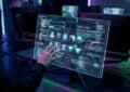 Hand on glowing holographic screen revealing leaked game icons and cryptic data in a dark, futuristic gaming setup with neon lights.