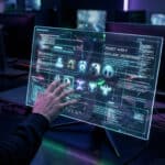 Hand on glowing holographic screen revealing leaked game icons and cryptic data in a dark, futuristic gaming setup with neon lights.