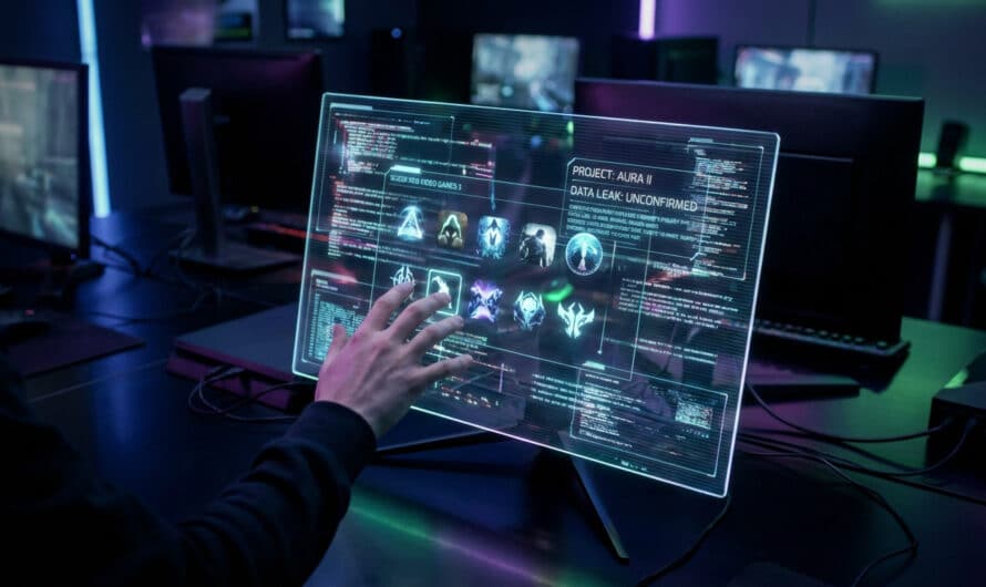 Hand on glowing holographic screen revealing leaked game icons and cryptic data in a dark, futuristic gaming setup with neon lights.