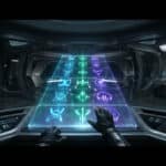 Gloved hands interact with a vibrant, tiered holographic display of abstract symbols in a dimly lit, futuristic control room.