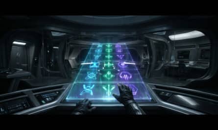 Gloved hands interact with a vibrant, tiered holographic display of abstract symbols in a dimly lit, futuristic control room.