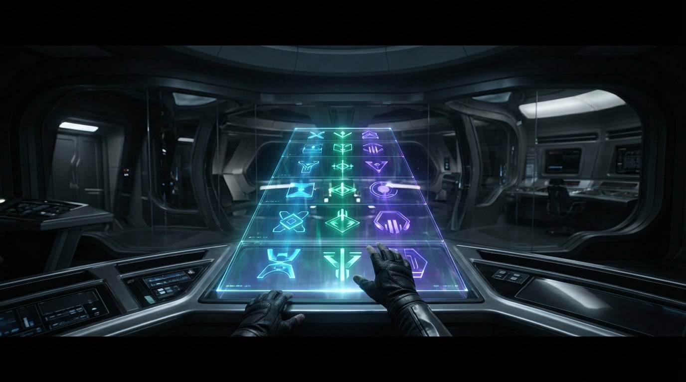 Gloved hands interact with a vibrant, tiered holographic display of abstract symbols in a dimly lit, futuristic control room.