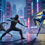 Three futuristic martial artists in dynamic poses on a reflective urban arena at dusk, surrounded by neon-lit skyscrapers.