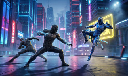Three futuristic martial artists in dynamic poses on a reflective urban arena at dusk, surrounded by neon-lit skyscrapers.