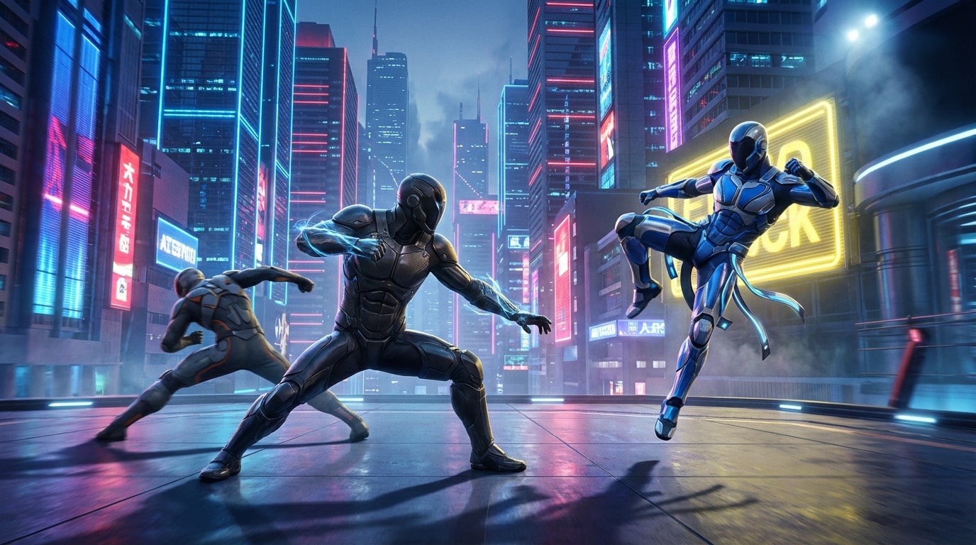 Three futuristic martial artists in dynamic poses on a reflective urban arena at dusk, surrounded by neon-lit skyscrapers.