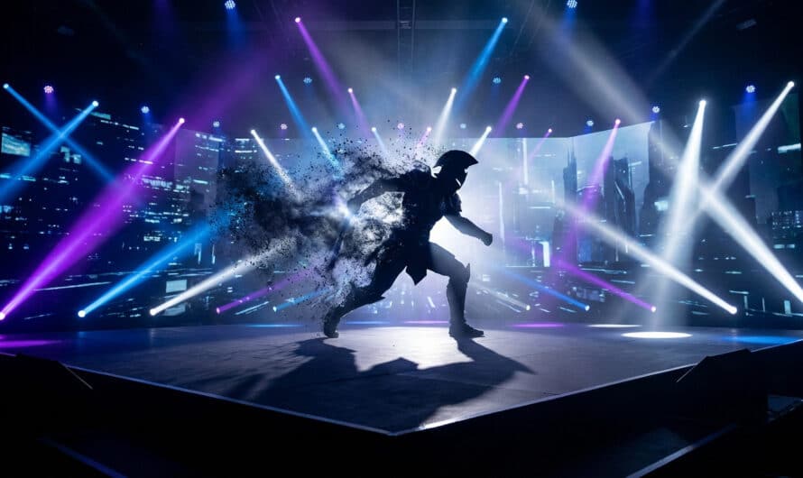 Dynamic armored silhouette emerging from a digital void on a futuristic stage, lit by vibrant blue, purple, and white spotlights.