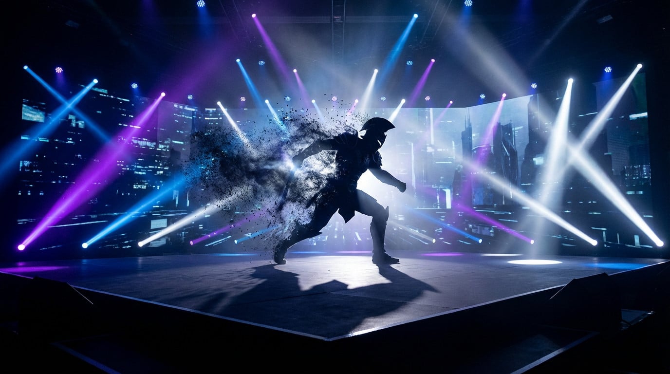 Dynamic armored silhouette emerging from a digital void on a futuristic stage, lit by vibrant blue, purple, and white spotlights.