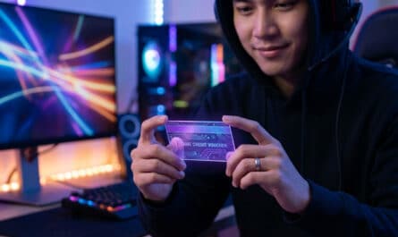 Young gamer with subtle smile holds a glowing, translucent 'Game Credit Voucher' card in a modern, ambiently lit gaming setup.